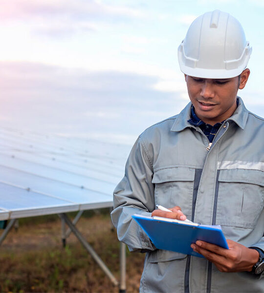 Man on solar panel field